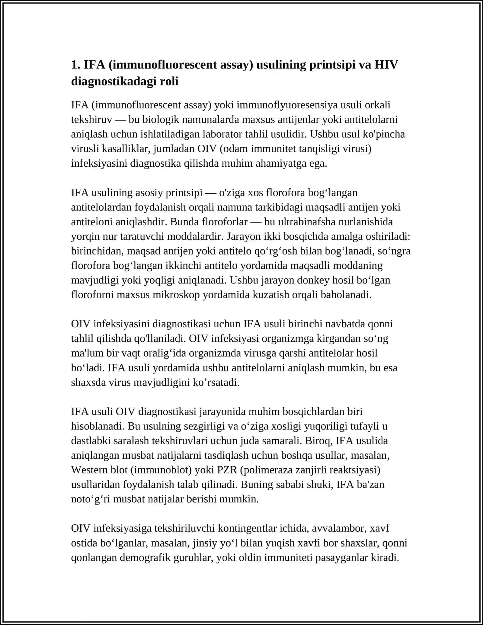 OIV INFEKSIYASINING LABARATOR TASHXISOTI IFA IMMUNOBLOT PZR IMMUN STATUS VA VIRUS YUKLAMASI OIV INFEKSIYASIGA TEKSHIRILUVCHI KONTINGENTLAR KODI KLINIK AMALIYOTDA QOLLANILADIGAN TEZKOR TEST-SINAMALARI 4
