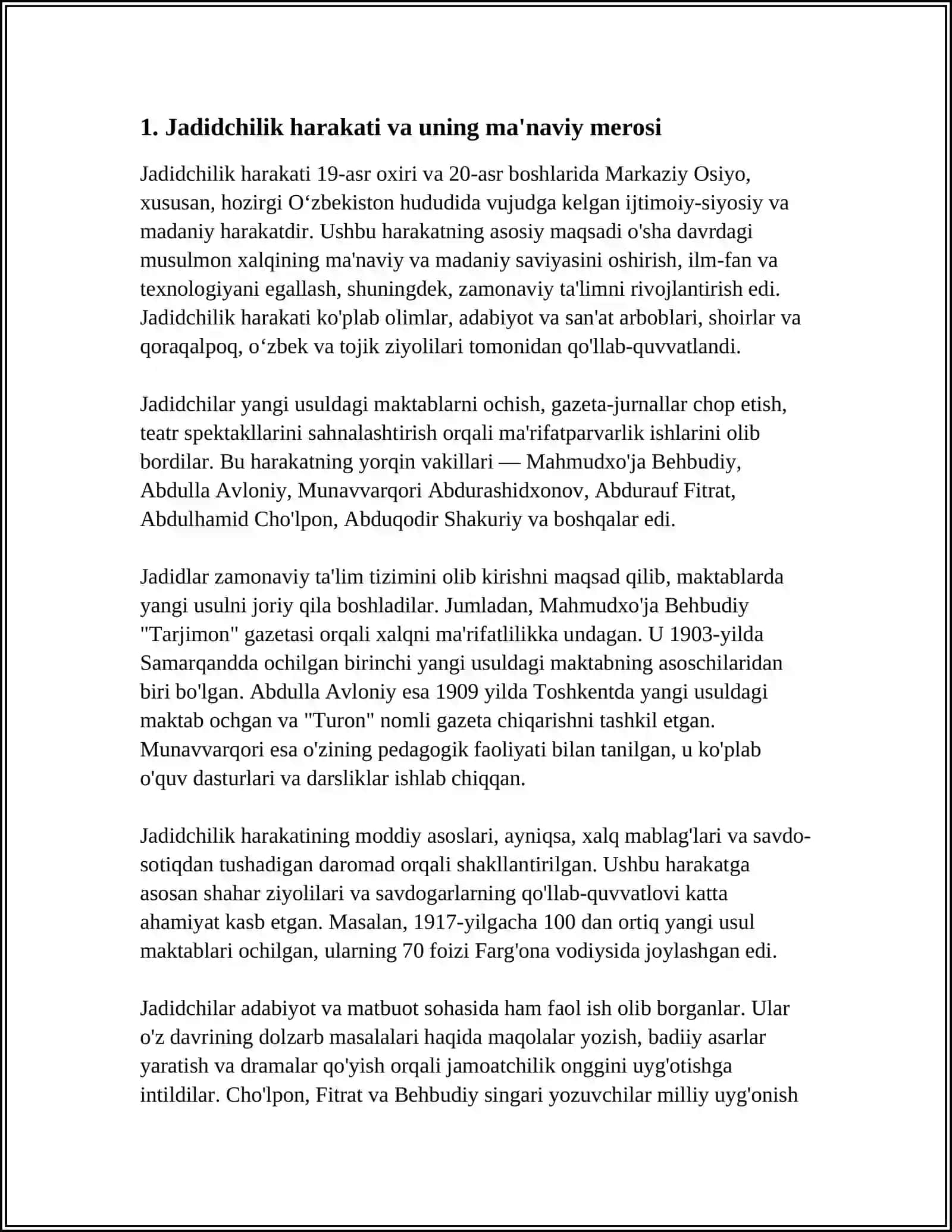 JADID MA’RIFATPARVARLARINING O’LKA HAYOTIDA TUTGAN O’RNI ( MUNAVVAR QORI, FITRAT, BEHBUDIY, AVLONIY, CHO’LPON VA BOSHQALAR) 4