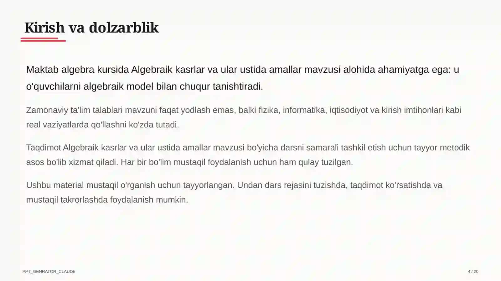 Algebraik kasrlar va ular ustida amallar (8-sinf) 4