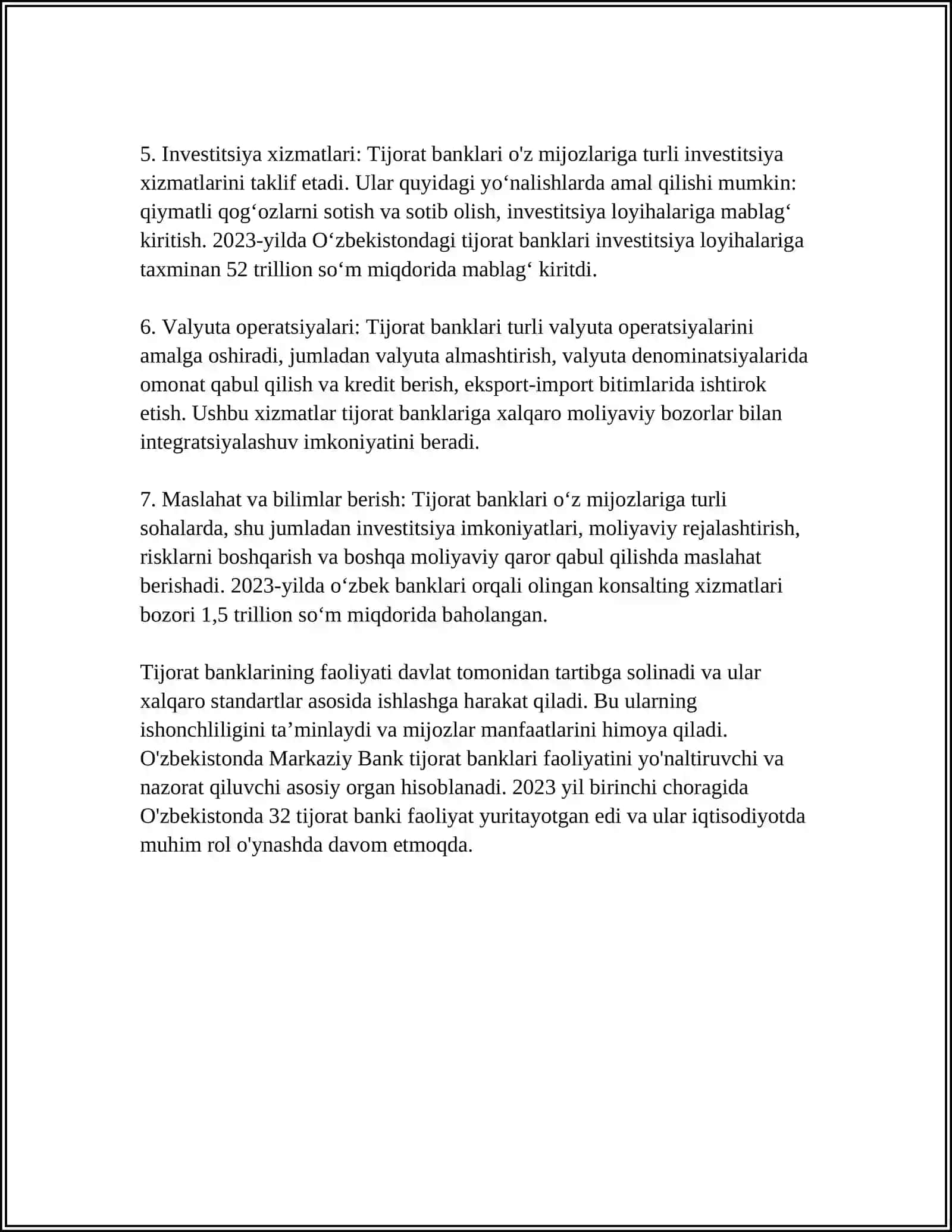 O'ZBEKISTONDA TIJORAT BANKLARINING OPERATSIYALARI VA XIZMATLARI 4