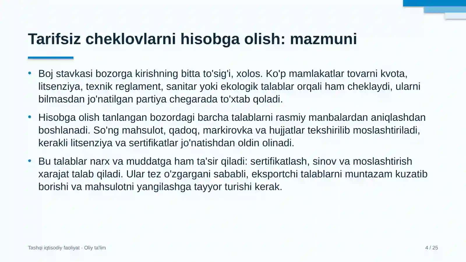 ombor xo'jaligida tarifsiz cheklovlarni hisobga olish 1001 4