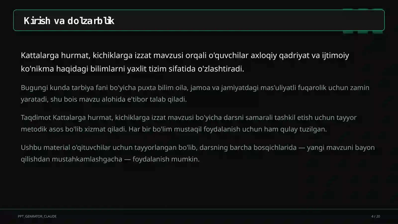 Kattalarga hurmat, kichiklarga izzat (2-sinf) Tarbiya fani (1– 11) — o'qituvchilar uchun 4