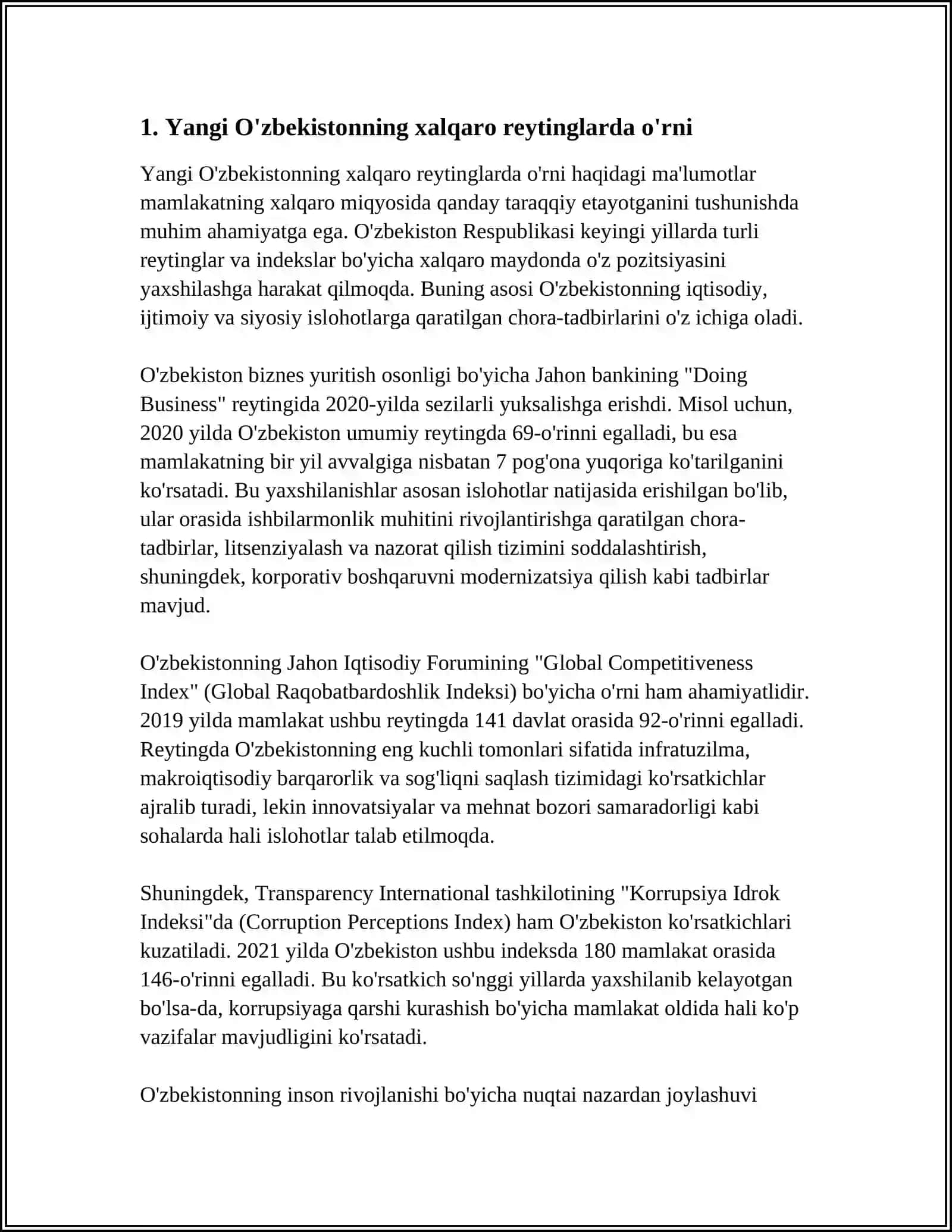 YANGI O'ZBEKISTON IJTIMOIY-SIYOSIY, IQTISODIY VA MADANIY HAYOTIDA RO'Y BERAYOTGAN O'ZGARISHLARNING XALQARO REYTING VA INDEKSLARDA AKS ETISHI 4