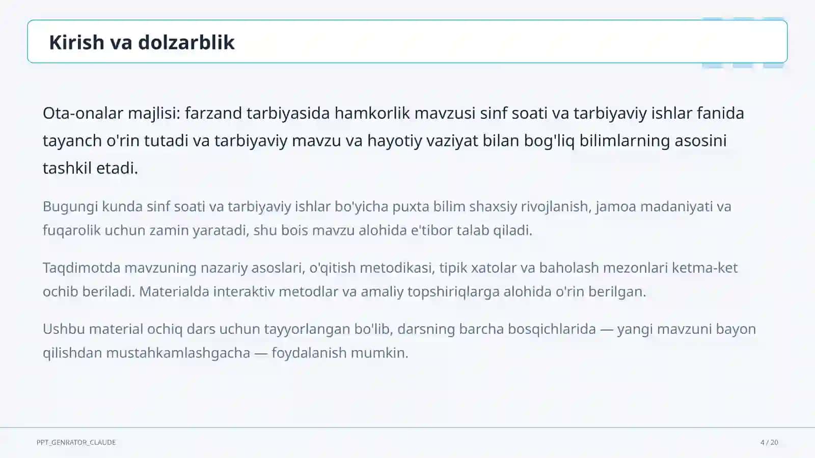 Sinf soati va tarbiyaviy tadbirlar (1–11) 4