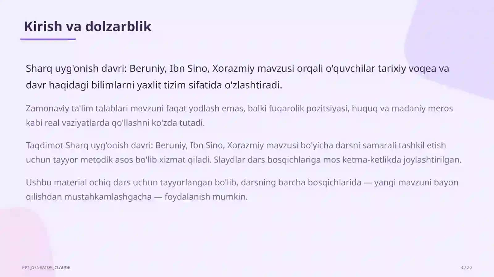 Sharq uyg'onish davri: Beruniy, Ibn Sino, Xorazmiy (7-sinf) 4