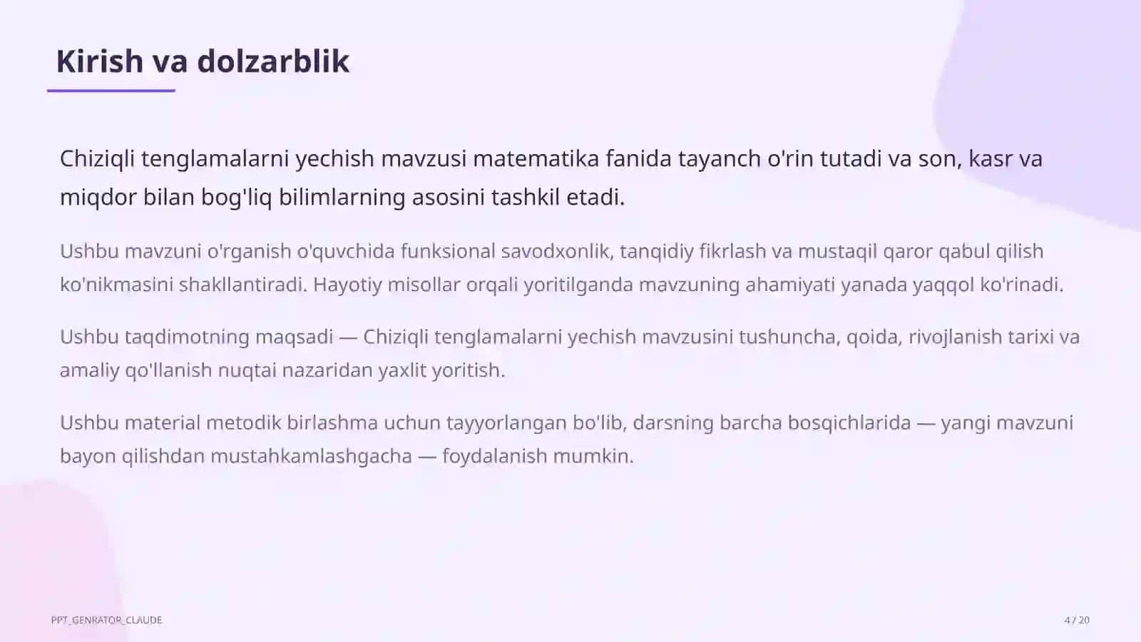 Chiziqli tenglamalarni yechish (6-sinf) Matematika (5– 6) — metodik birlashma uchun 4