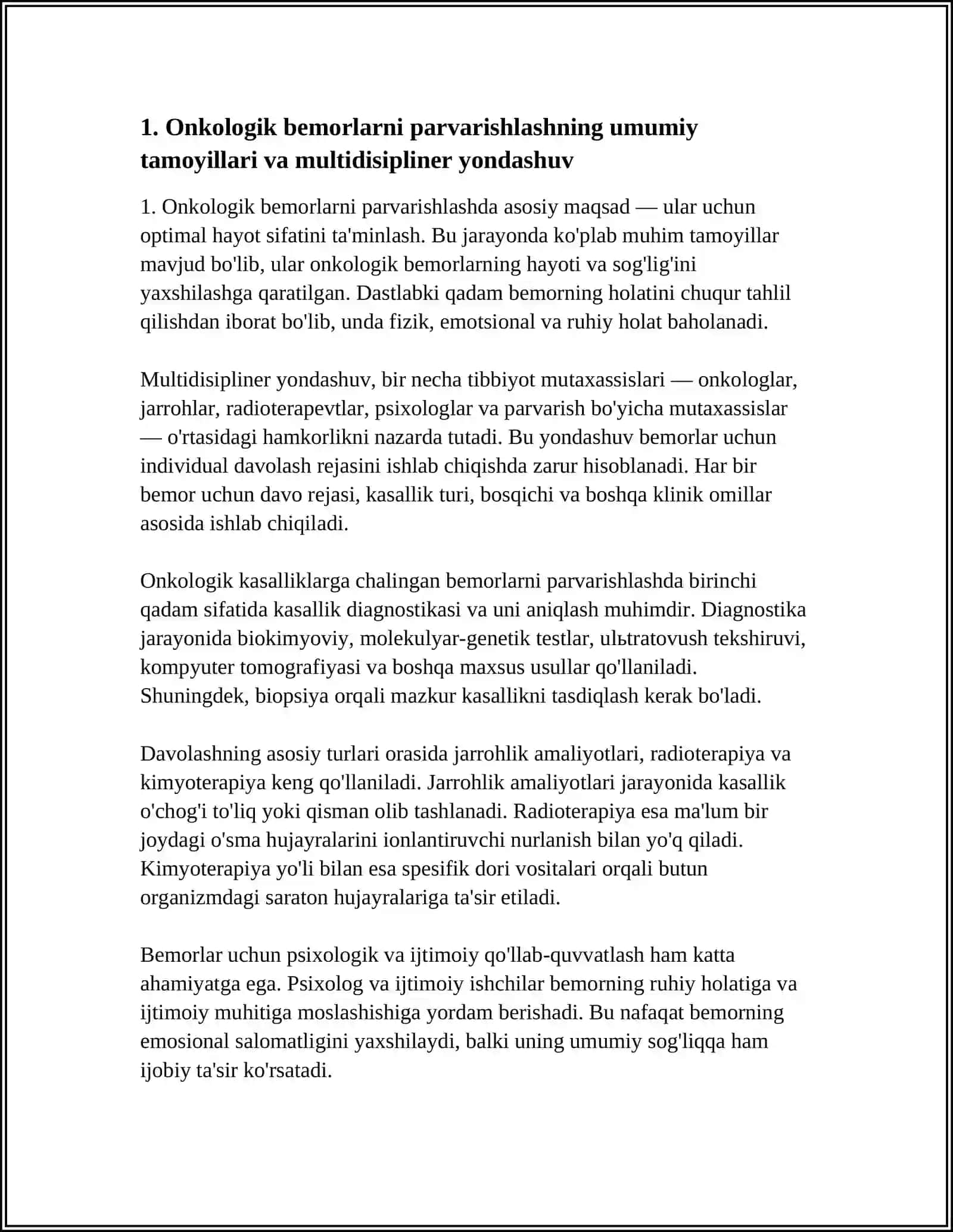 MAVZU 8: ONKOLOGIK XASTALIKLAR BILAN OG‘RIGAN BEMORLAR PARVARISHI XUSUSIYATLARI. TERMINAL XOLATLAR, REANIMATSIYA ASOSLARI. TERMINAL XOLATLARDA BEMORLAR PARVARISHI 4