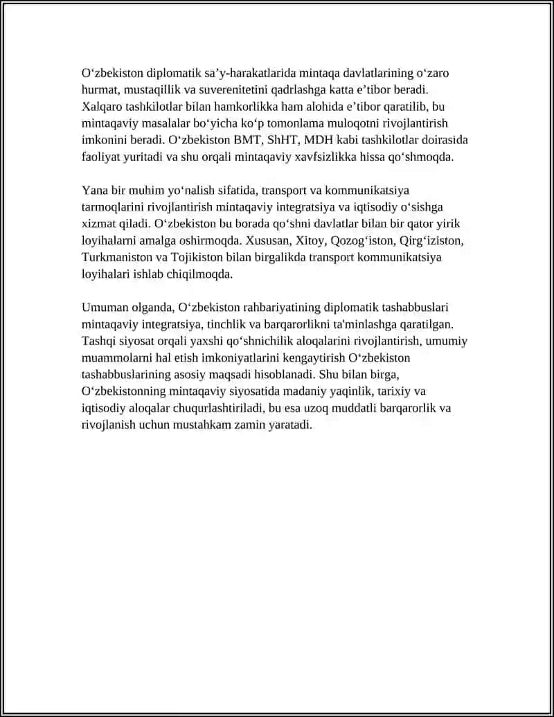 OʻZBEKISTONNING MARKAZIY OSIYODA TINCHLIK VA BAR-QARORLIKNI TAʼMINLASHDAGI OʻRNI 4