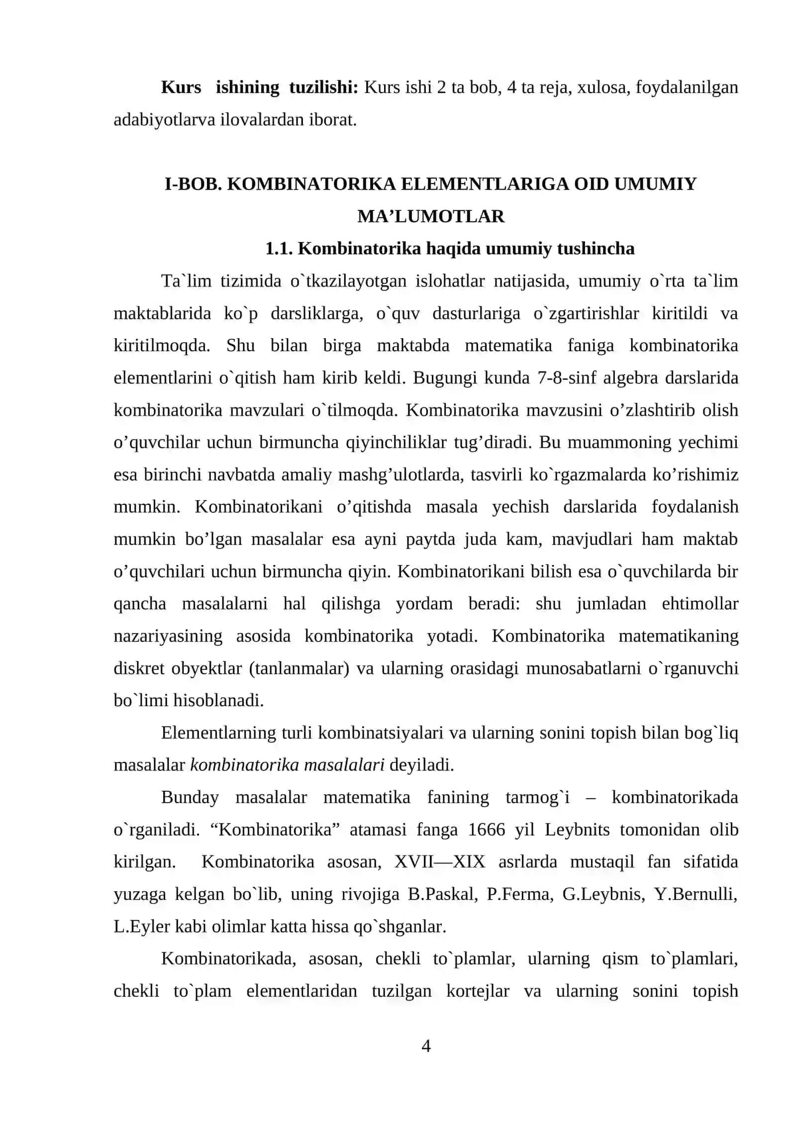 KOMBINATORIKA  ELEMENTLARINI  O‘QITISH  METODIKASI 4