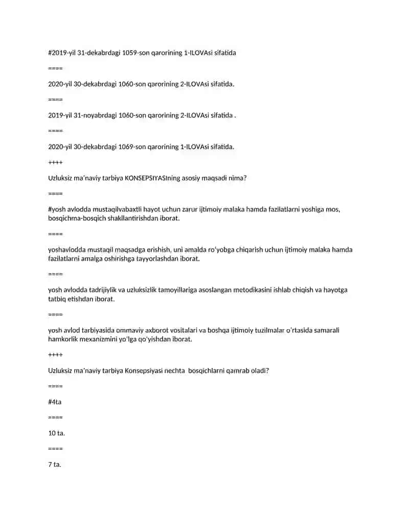 Maktabgacha va boshlang‘ich ta’limda xorijiy til (ingliz tili) yo‘nalishi uchun bolalar pedagogikasi fanidan oraliq va yakuniy nazorat uchun testlar 4