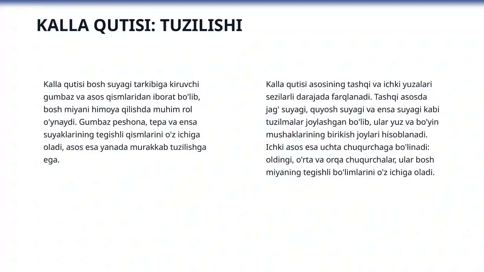 Boshning miya qismi topografik anatomiyasi va operativ xirurgiyasi. Peshona, tepa, ensa, chakka, quloq va so'rg'ichsimon sohalar. Kalla qutisi: kalla gumbazi, tashqi va ichki asoslari. Bosh miya pardalari, pardalararo bo'shliqlar. Bosh miya topografik anatomiyasi. Kronleyn-Bryusova chizmasi. O'n ikki juft kalla nervlari klinik anatomiyasi. Kalla-miya jarohatlariga dastlabki jarrohlik ishlov berish. Boshning yumshoq to'qimalari, venoz sinuslardan ketayotgan qonni to'xtatish. Kalla trepanatsiyasi: 4