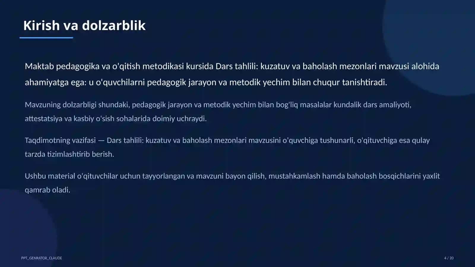 Dars tahlili: kuzatuv va baholash mezonlari 4