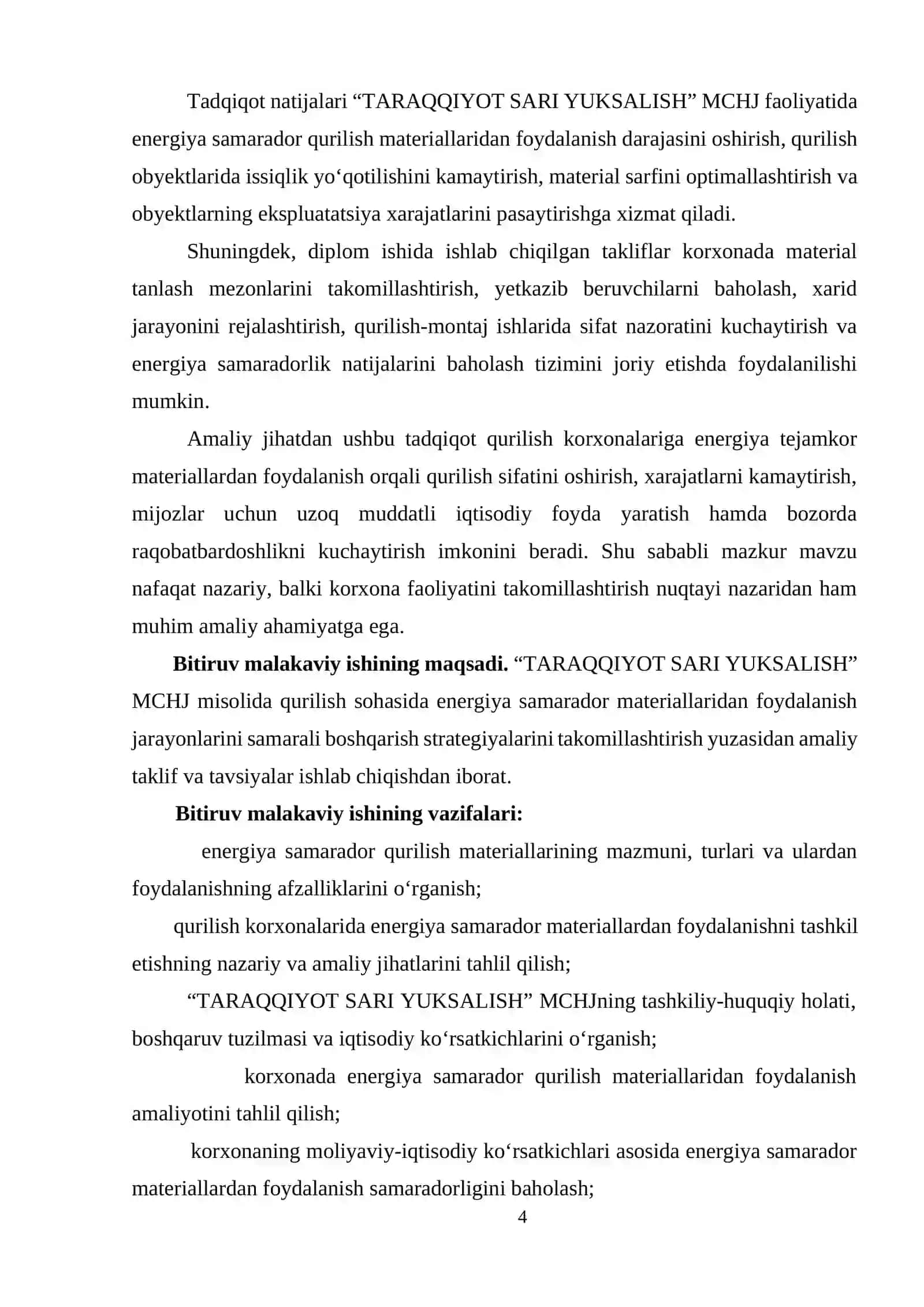 Bitiruv malakaviy ish mavzusi: “Qurilish sohasida energiya samarador materiallaridan foydalanish jarayonlarini samarali boshqarish strategiyalari ( "TARAQQIYOT SARI YUKSALISH '' MCHJ misolida)” 4