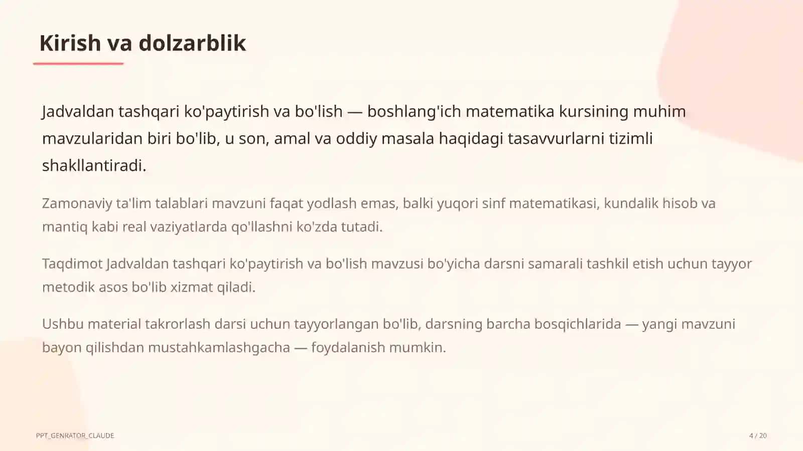 Jadvaldan tashqari ko'paytirish va bo'lish (3-sinf) 4