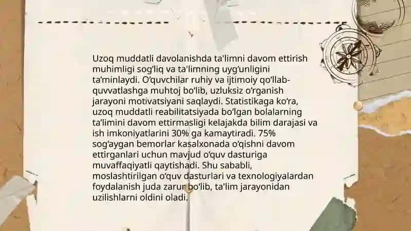 Shifoxonada uzoq muddatli davolanayotgan bolalar uchun talimiy muhitni yaratish uchun òziga xos jihatlari 4