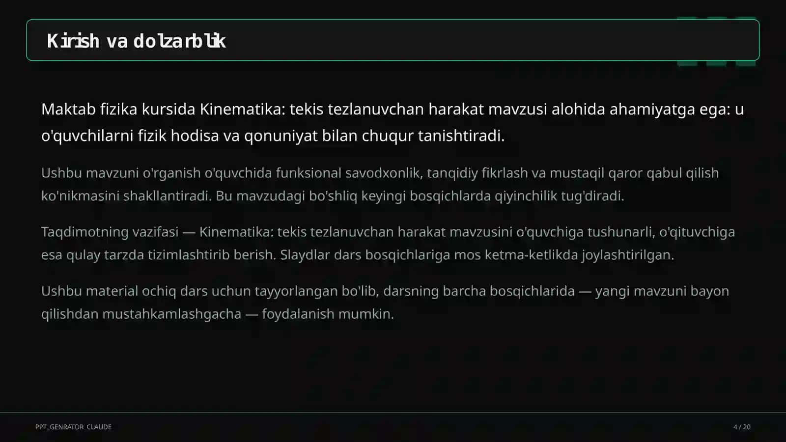 Kinematika: tekis tezlanuvchan harakat (9-sinf) 4