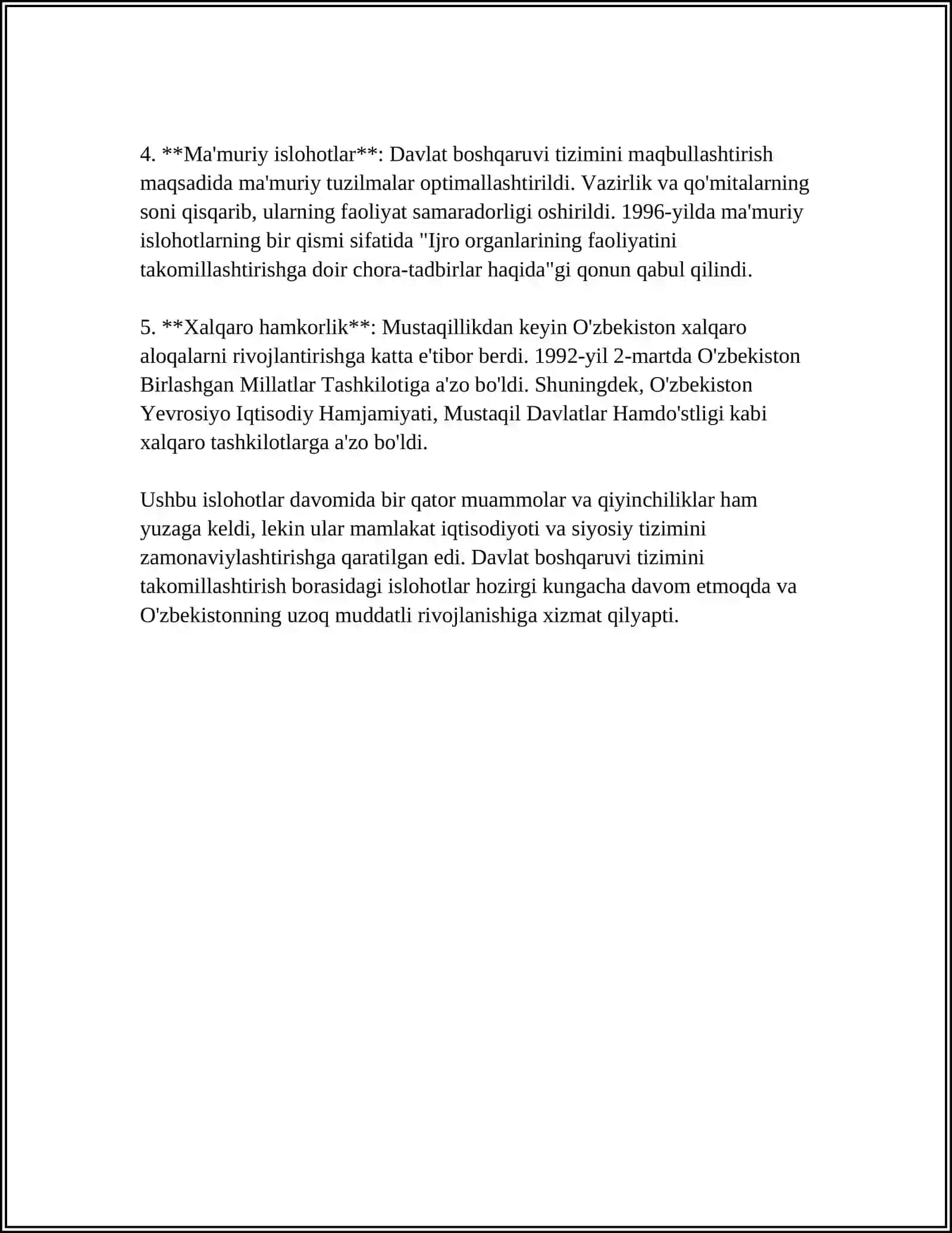 MUSTAQILLIK YILLARIDA DAVLAT BOSHQARUVI TIZIMIDA AMALGA OSHIRILGAN ISLOHOTLAR 4