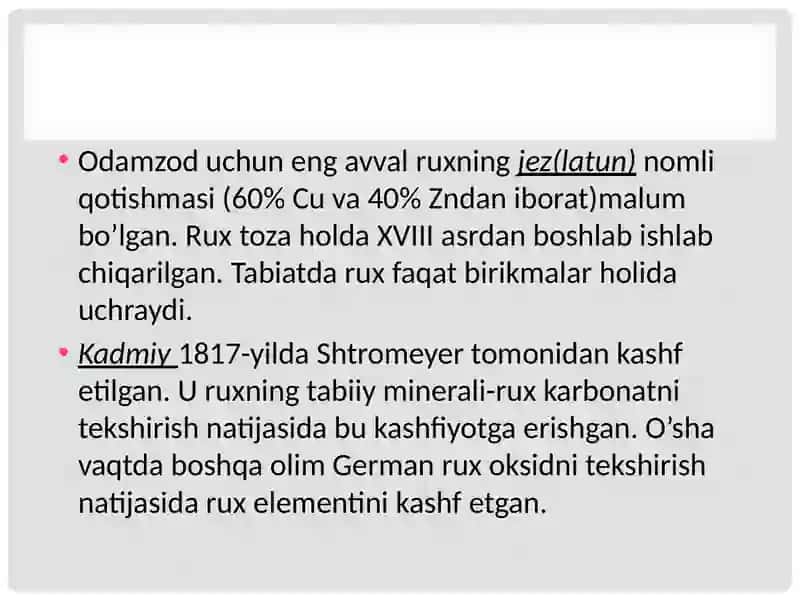Rux, kadmiy, simob elementlarining olinishi, xossalari va birikmalari 4