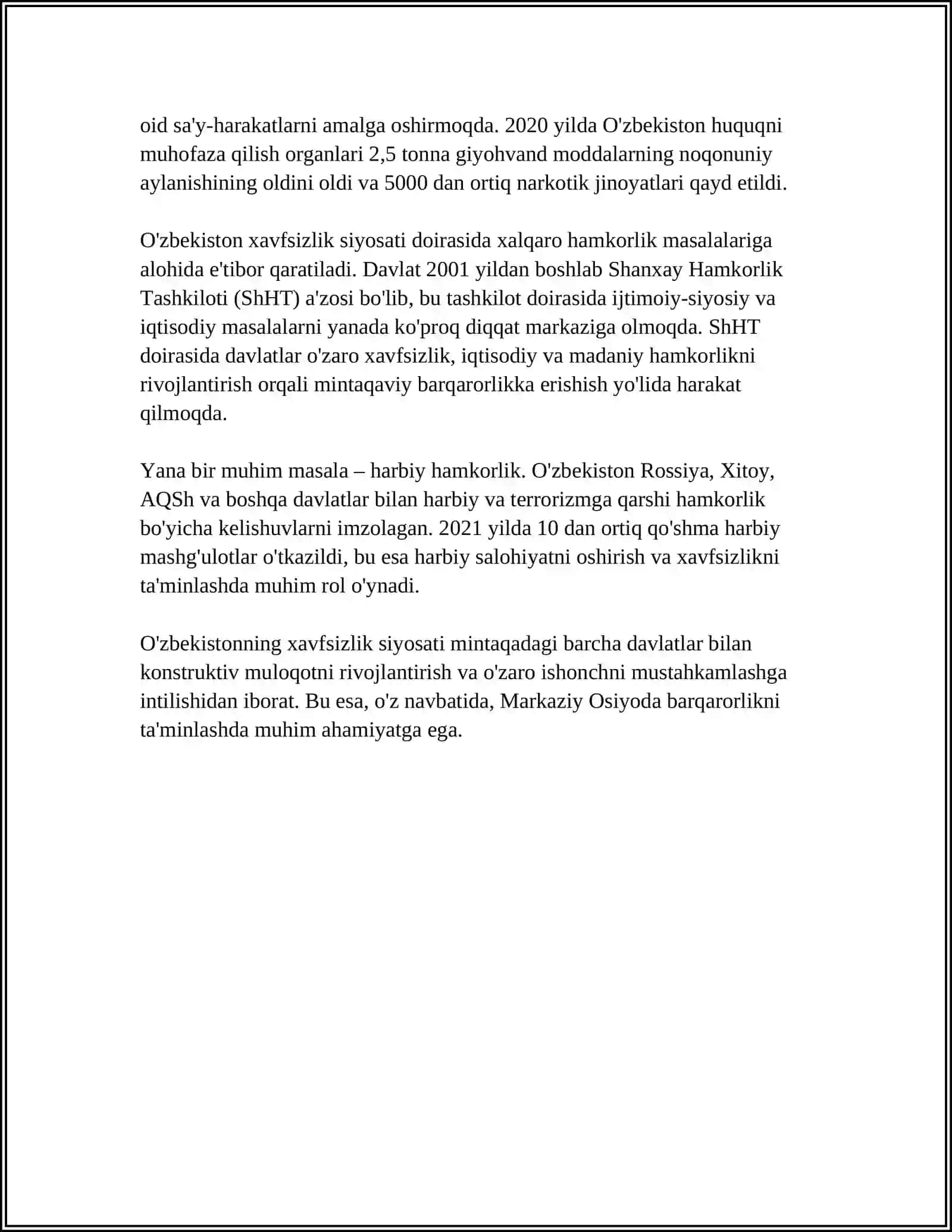 O’zbekistonning Markaziy Osiyoda Tinchlik va Barqarorlikni Ta’minlashdagi O’rni 4