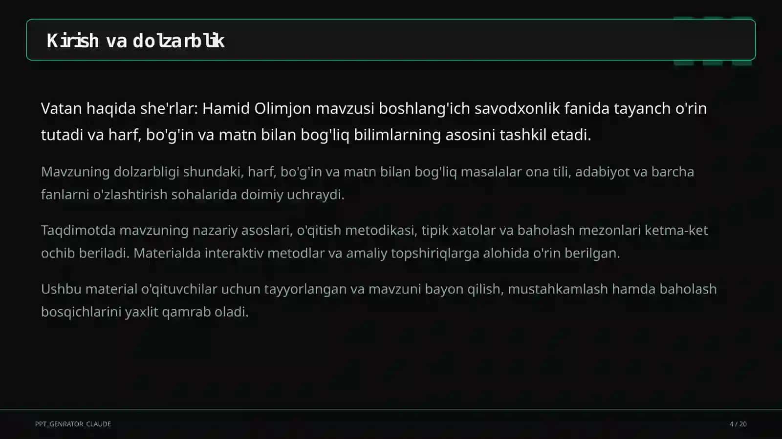 Boshlang'ich sinf: Ona tili va o'qish (1–4) 4