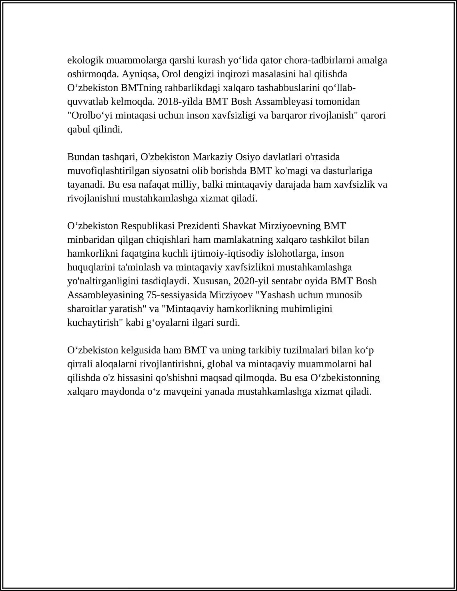 OʻZBEKISTONNING XALQARO TASHKILOTLAR BILAN HAMKORLIK ALOQALARI 4