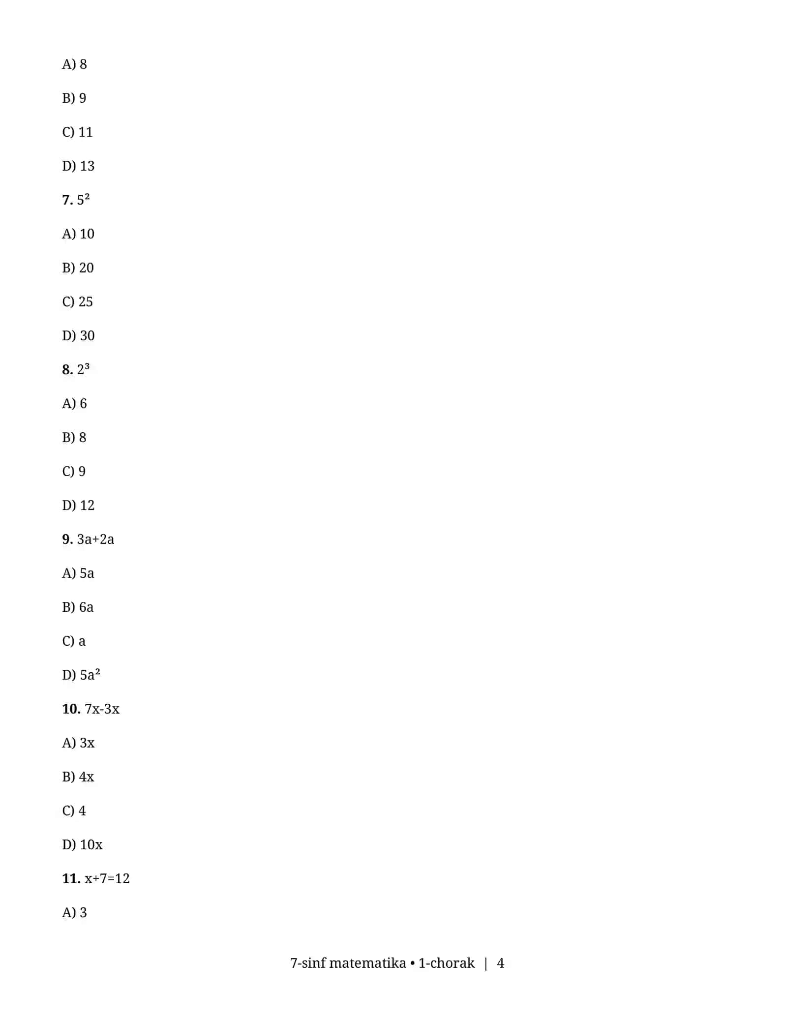 7-sinf matematika — 1-chorak 100 ta test va nazorat ishlari 4