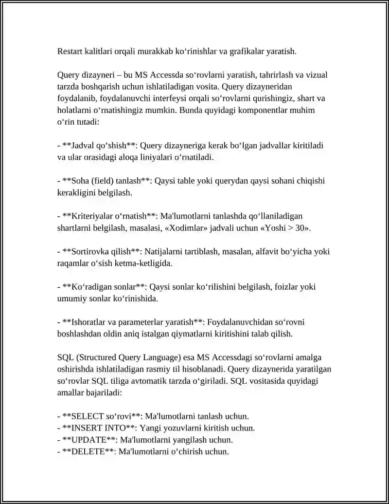 MS ACCESS MUHUTIDA TURLI SO'ROVLAR YARATISH VA SQL SO'ROVLAR TILI 4