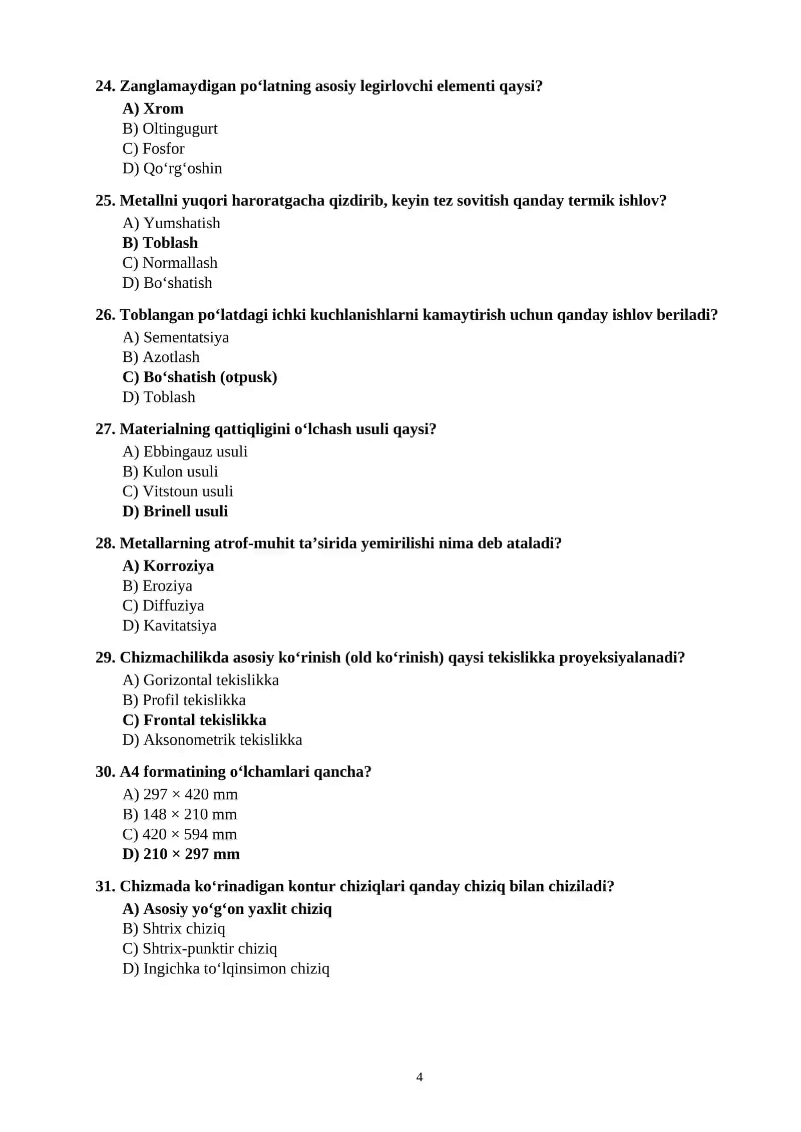 MUHANDISLIK FANIDAN 100 TA TEST SAVOLLARI JAVOBLARI BILAN 4