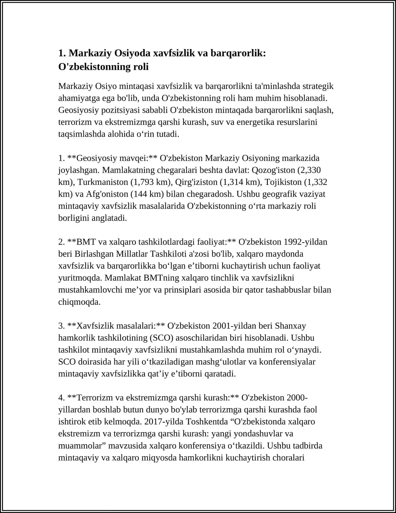 OʻZBEKISTONNING MARKAZIY OSIYODA TINCHLIK VA BARQARORLIKNI TAʼMINLASHDAGI OʻRNI 4