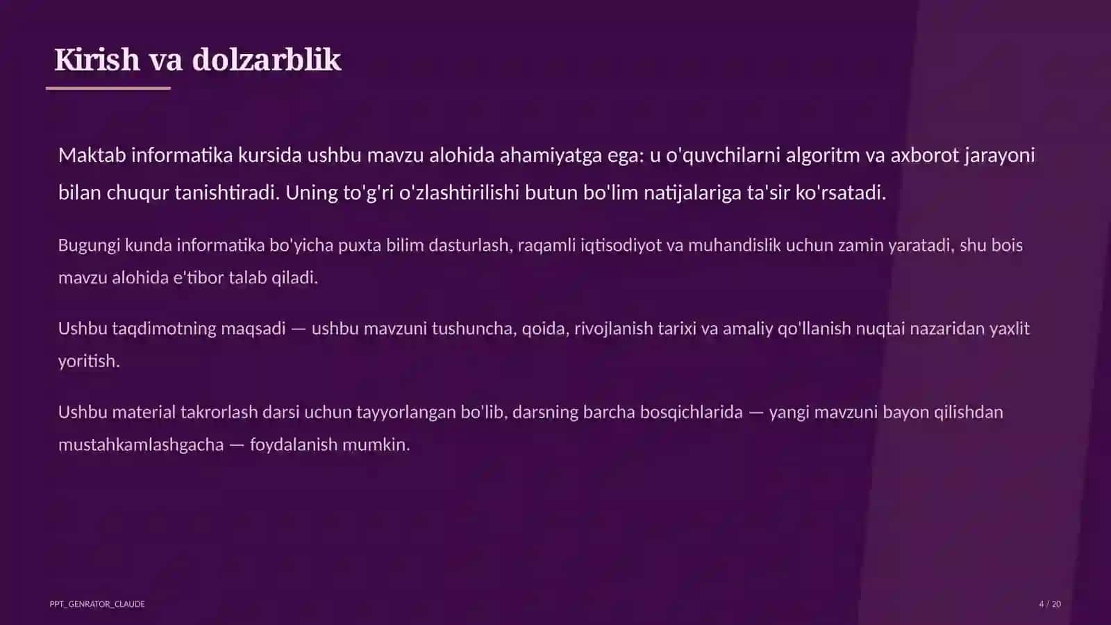 Algoritmlarning turlari: chiziqli, tarmoqlanuvchi, takrorlanuvchi (8-sinf) 4