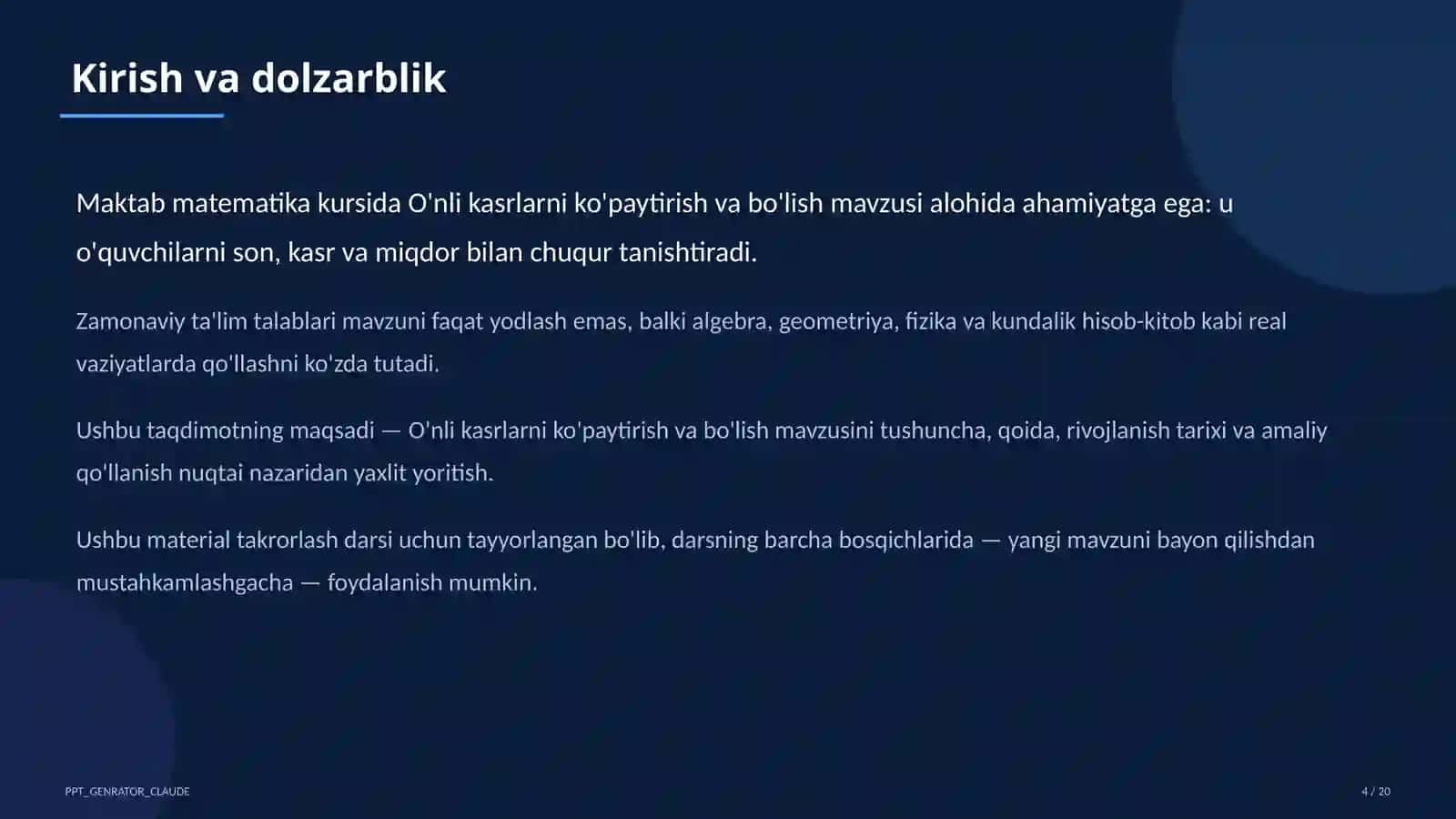 O'nli kasrlarni ko'paytirish va bo'lish (5-sinf) 4