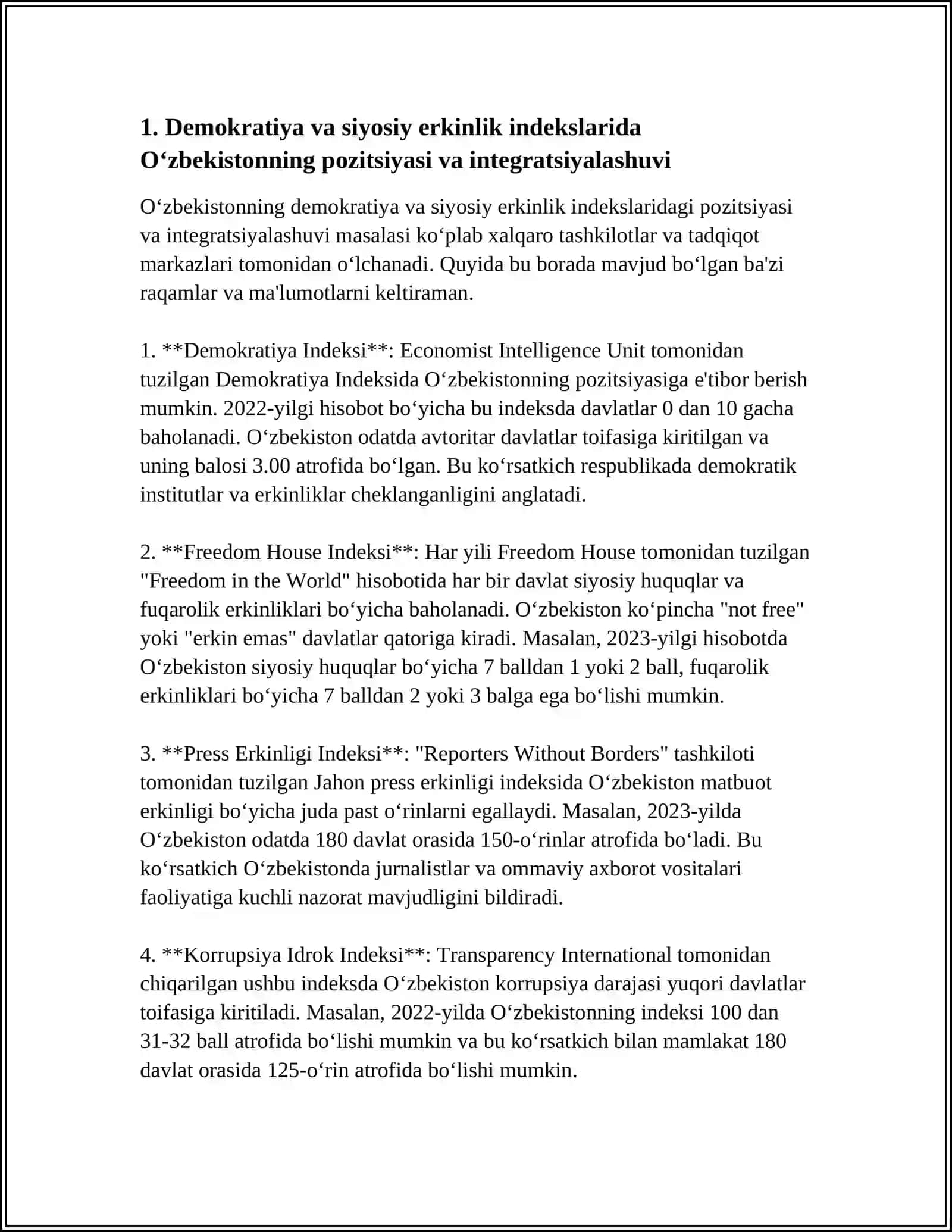 SIYOSIY-HUQUQIY SOHADAGI USTUVOR HALQARO REYTINGLAR VA ULARGA O‘ZBEKISTONNING INTEGRATSIYALASHUVI 4