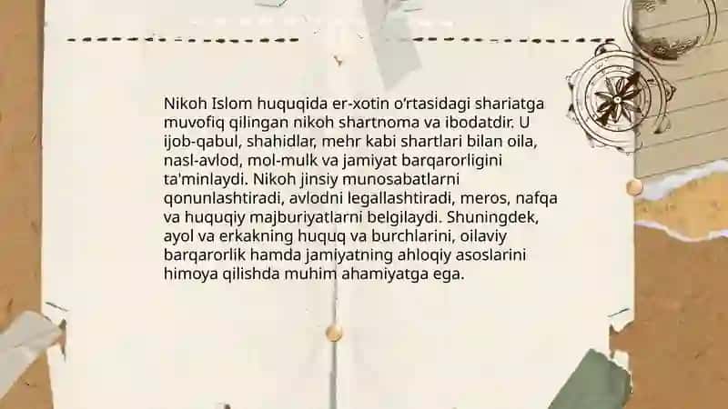 Islom huquqashunosliqida oila nikoh, taloq, idda, zihor tushunchalarini ta'riflash 4