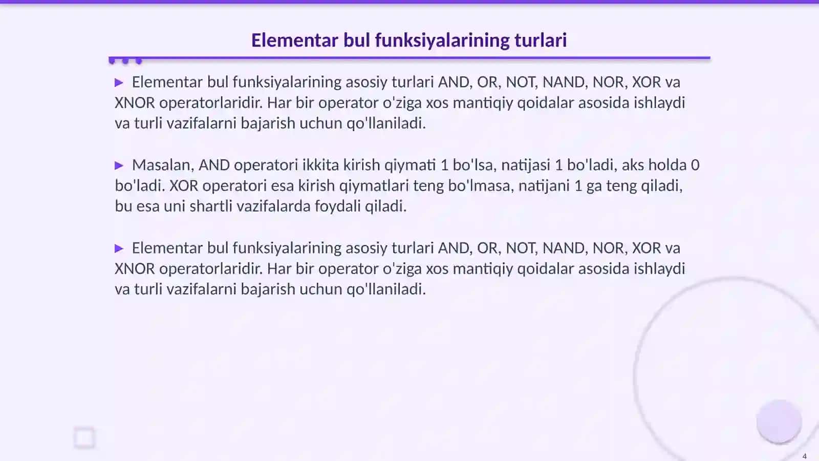 Elementar bul funksiyalari 4