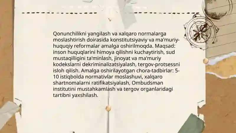 Yangi O‘zbekistonda inson haq-huquqlari va erkinliklari kafolatining yaratilishi. 4