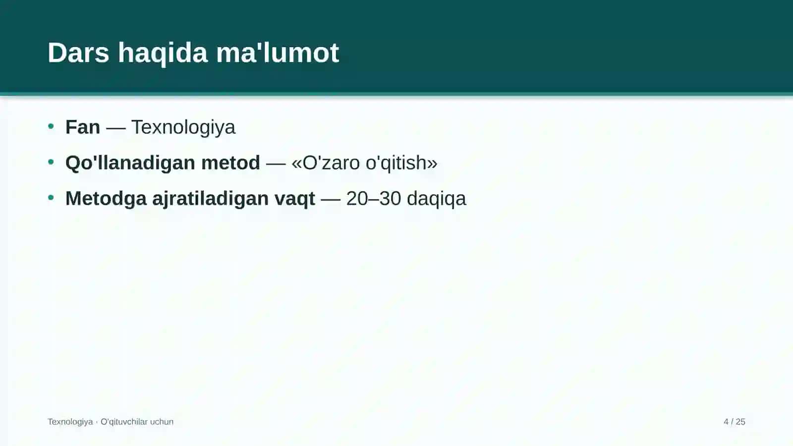 texnologiya darslarida o'zaro o'qitish metodidan foydalanish 8055 4