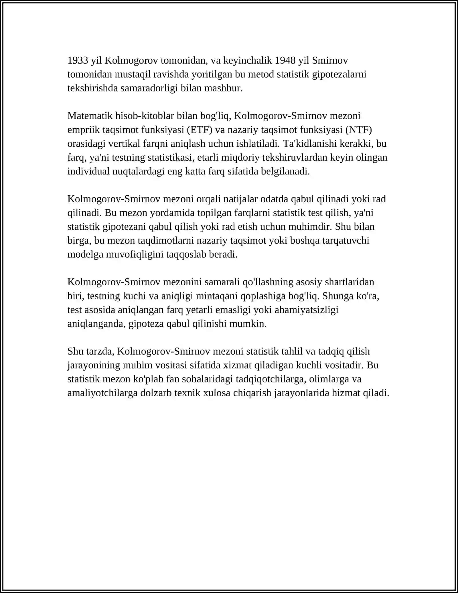 KOLMOGOROV-SIMIRNOV KRITERIYSI VA UNI QULLASH 4