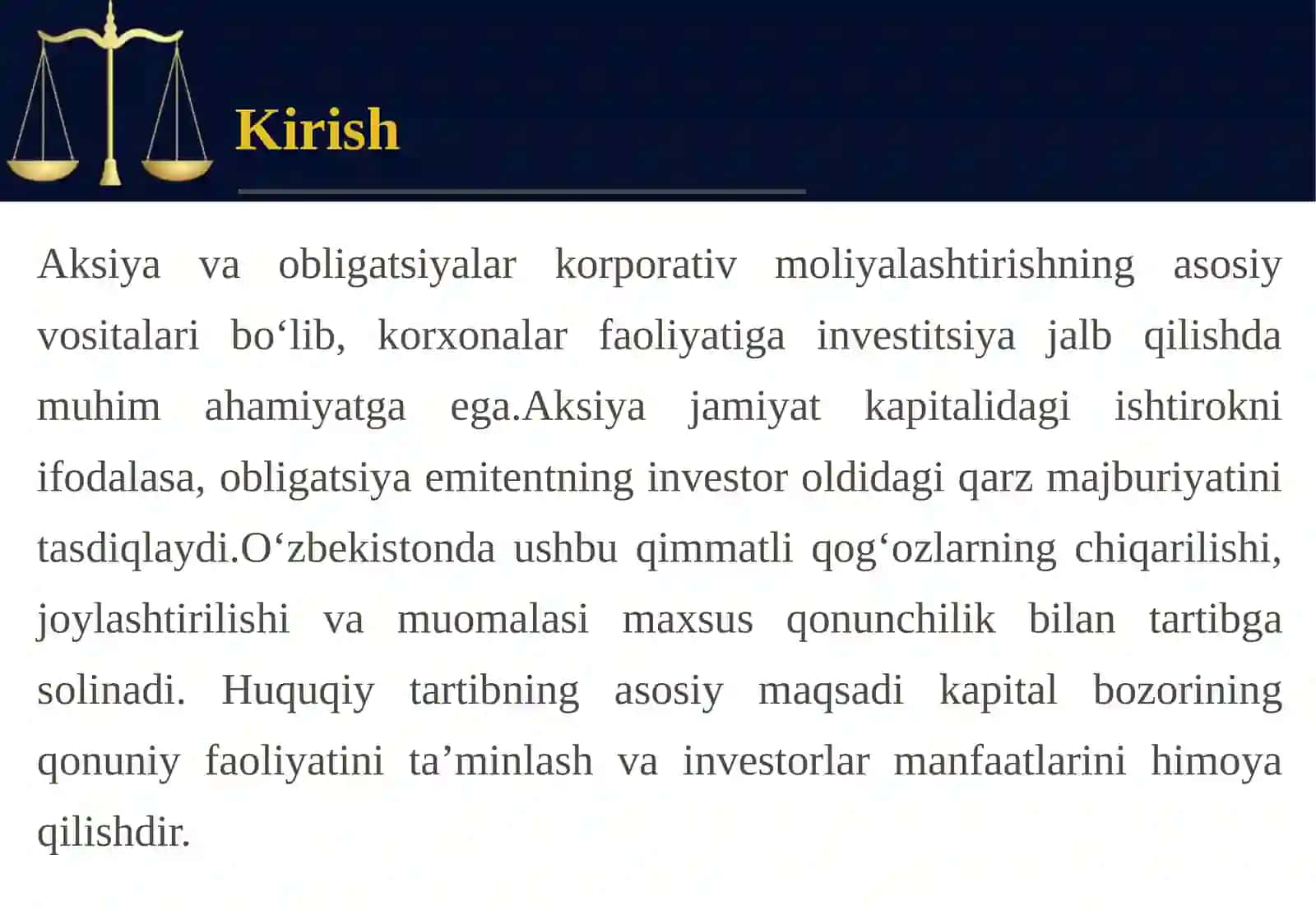 Aksiya va obligatsiyalarning huquqiy tabiati emissiya, joylashtirish, muomala va investorlar manfaatlarini himoya qilish.pptx 4