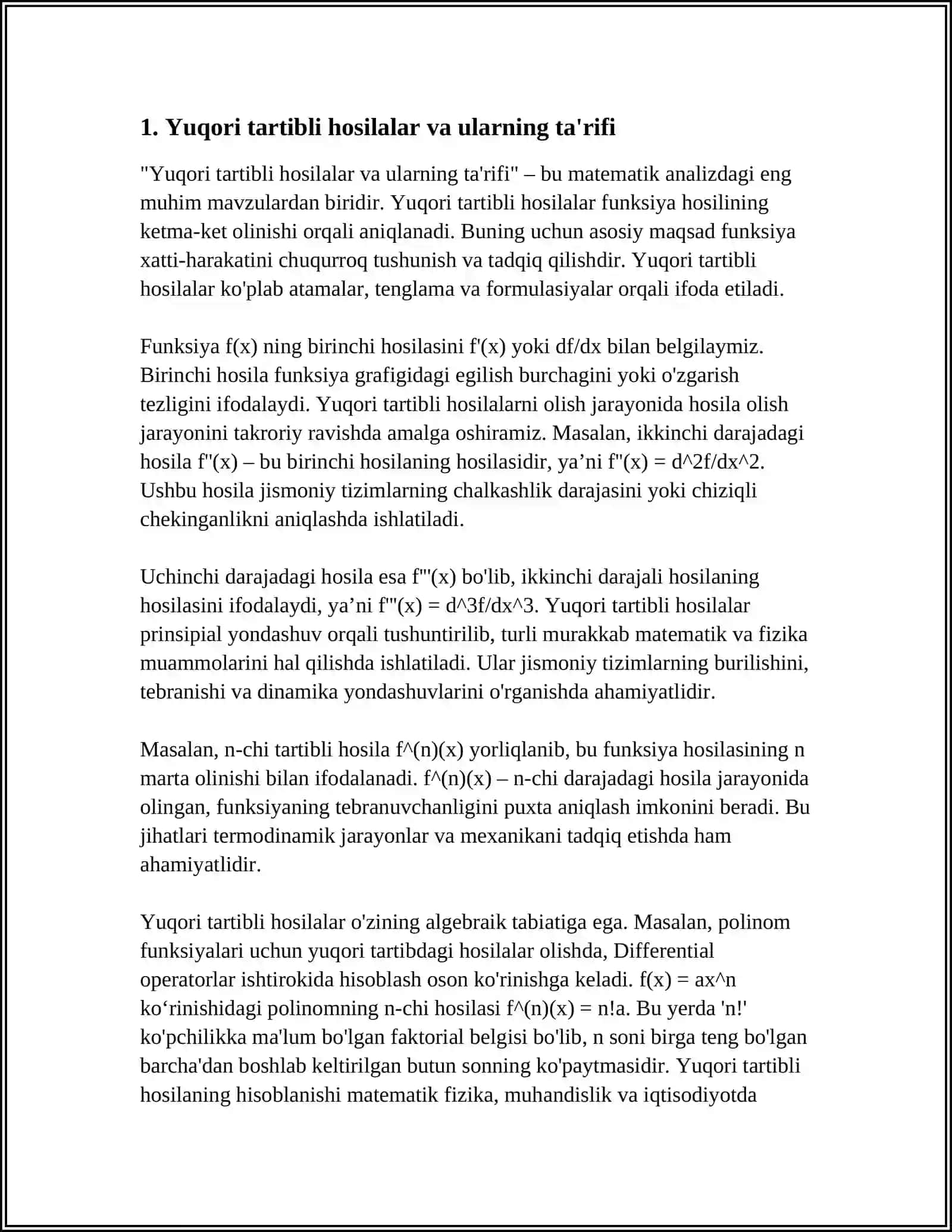 YUGORI TARTIBLI XOSILAL AR. OSHKORMAS VA PARAMETRIK KO'RINISHDA BERIL GAN FUNKTSIYAL ARNING YUQORI TARTI BLI HOSILALARI 4