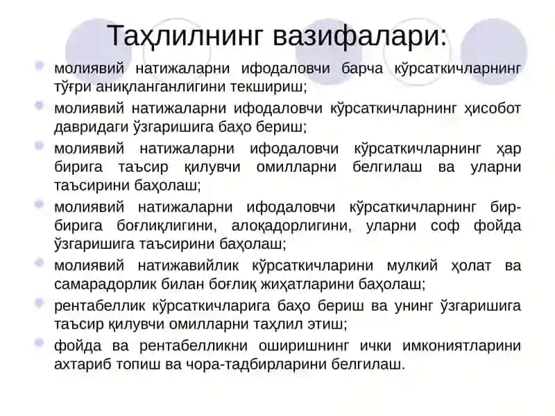 Молиявий натижалар ва рентабеллик таҳлили 4