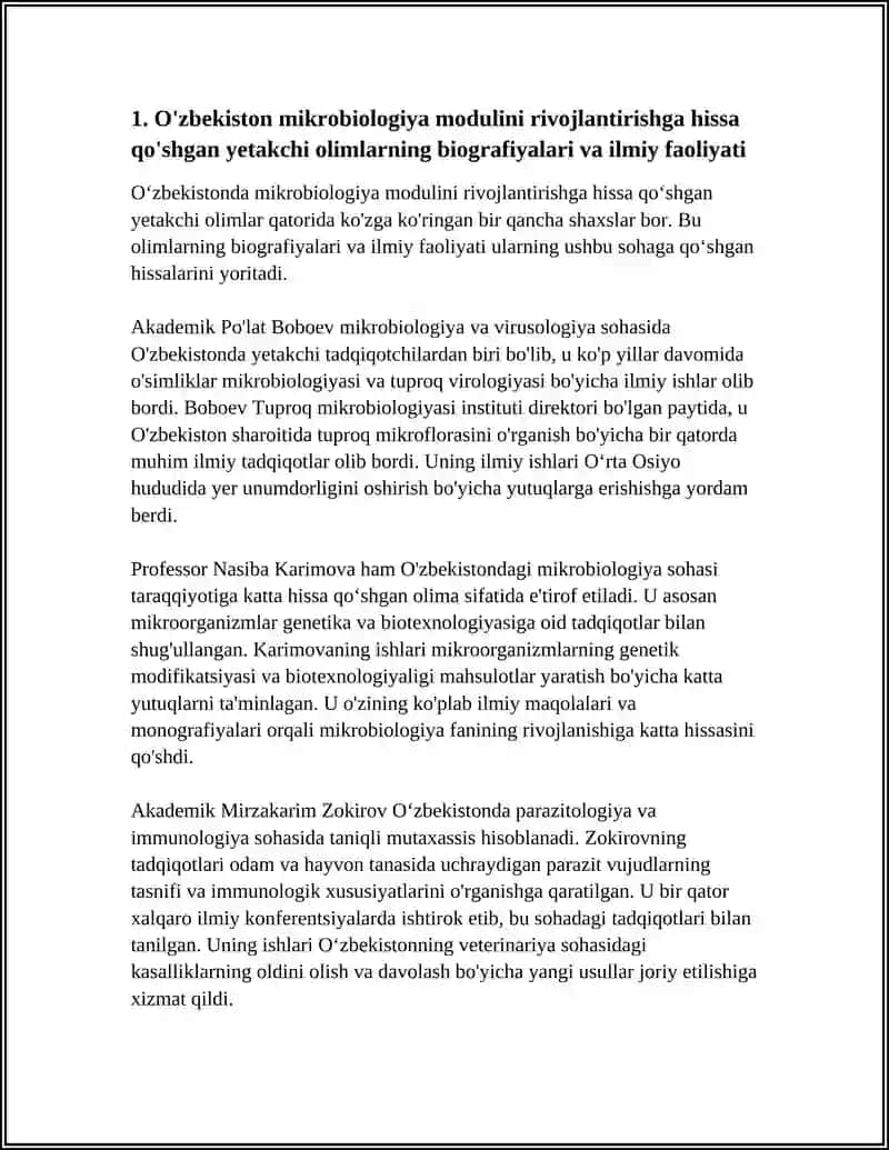 MIKROBIOLOGIYA,VIRUSOLOGIYA,IMMUNOLOGIYA VA PARAZITOLOGIYA MODULINI RIVOJLANISHIGA XISSA QOʻSHGAN OʻZBEKISTONLIK YETAKCHI OLIMLAR 4