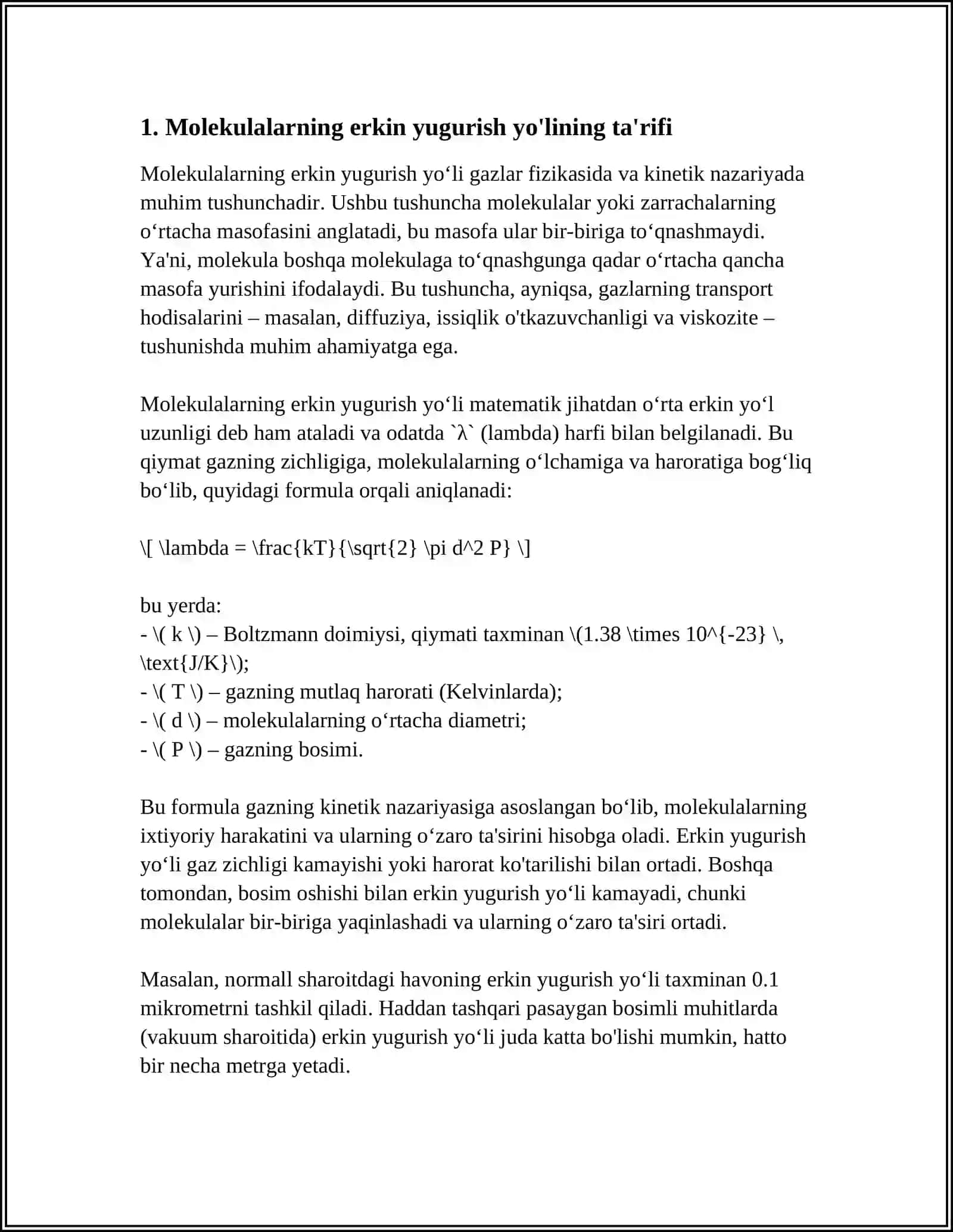 Molekulalarning erkin yugurish yoʻlining gaz bosimiga bogʻliqli 4