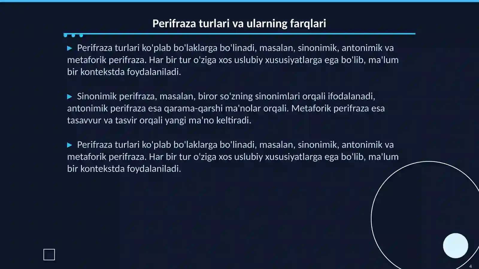 Perifraza. Perifraza turlari, tarkibi, uslubiy xususiyatlari 4