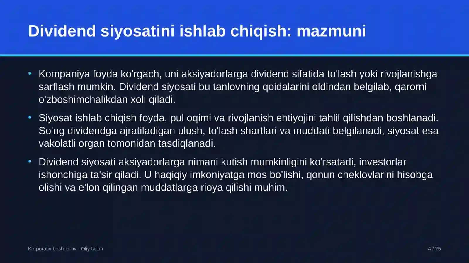 Avtosalonlarda dividend siyosatini ishlab chiqish 4