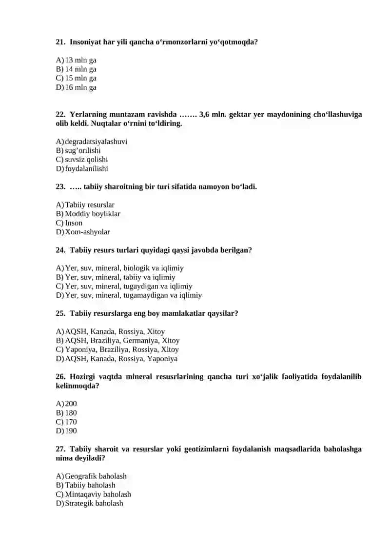 Yashil iqtisodiyot fanidan testlar yakuniy nazorat uchun bazasi 4