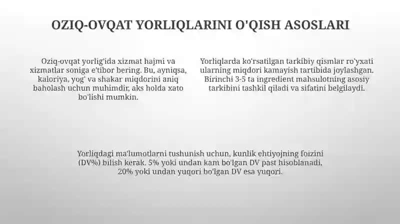 Oziq ovqat tarmoq mahsulotlari tarkibi foydali va zararli xususiyatlarini yorliqlari orqali organish 4