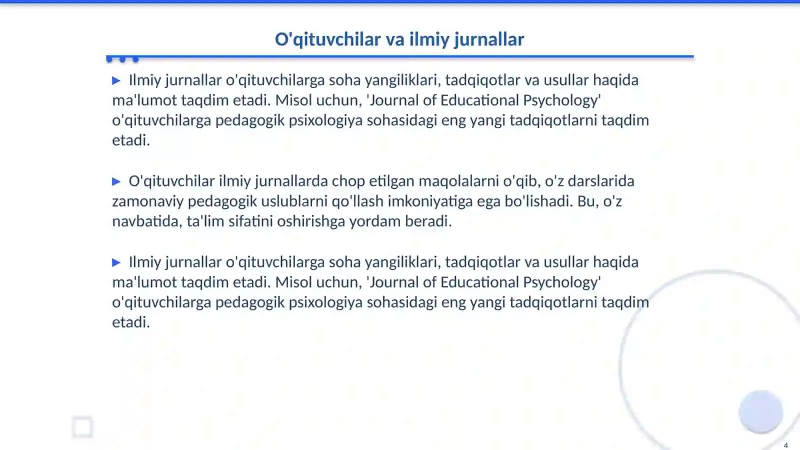 Ilmiy axborotning o'quv jarayonidagi roli 4