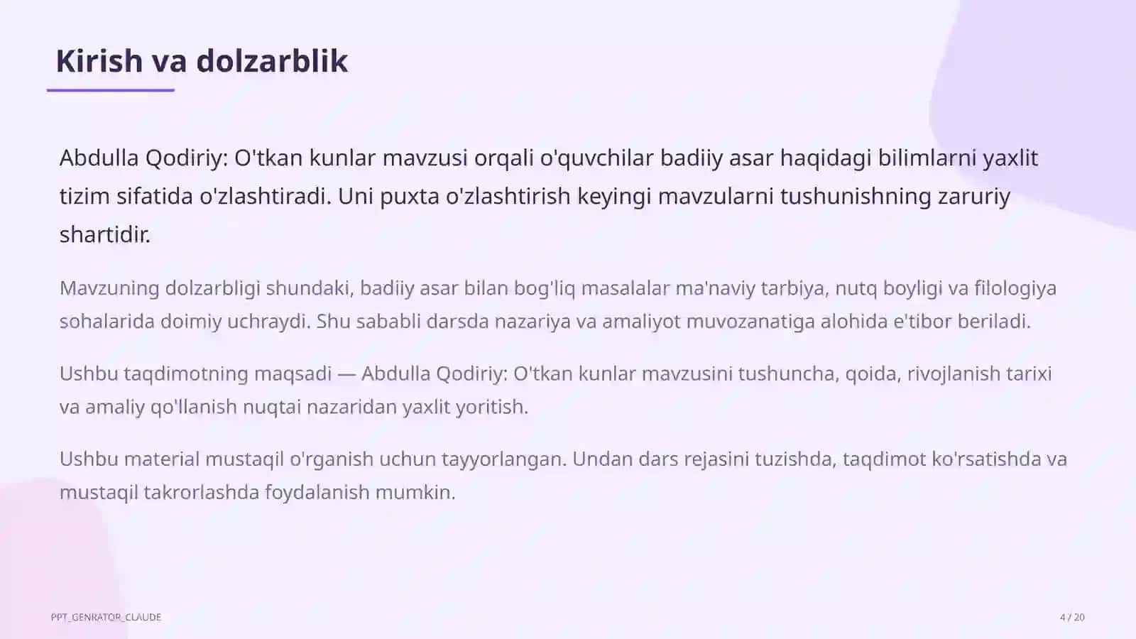 Abdulla Qodiriy: O'tkan kunlar (9-sinf) 4