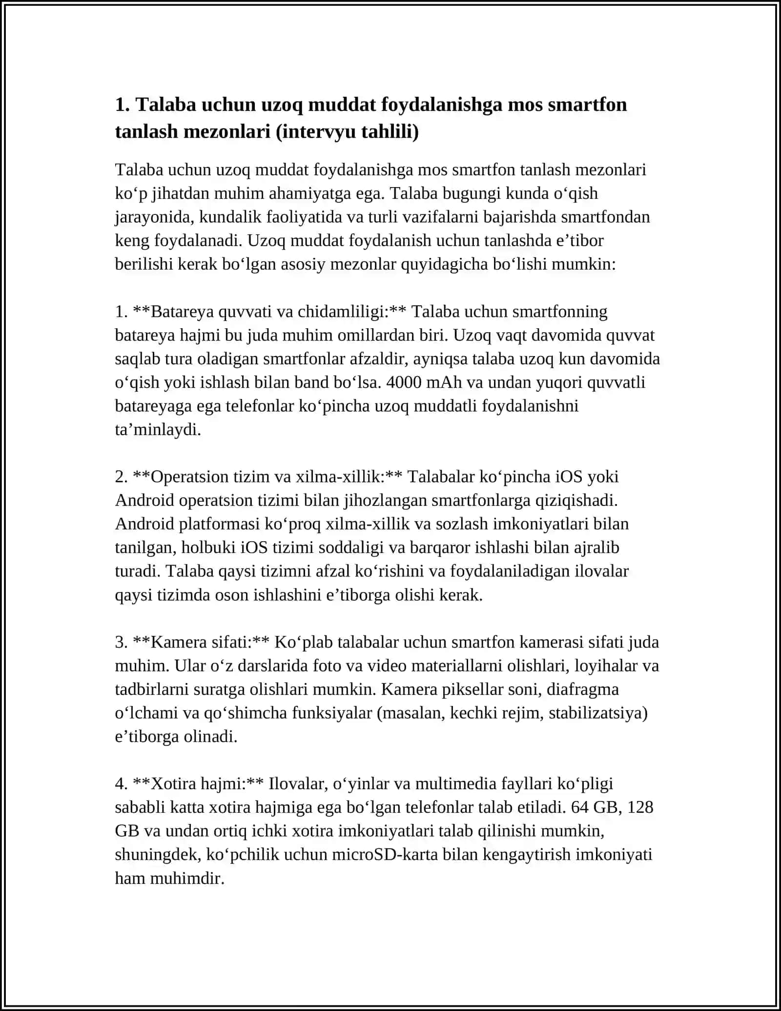 Talaba uchun uzoq muddat foydalanishga mos smartfon tanlash mezonlari (intervyu tahlili) 4