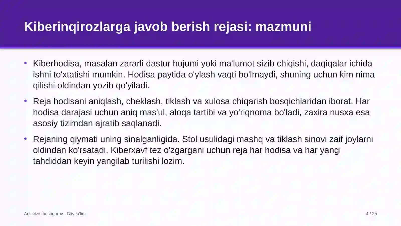Energetika dispetcherlik markazlarida kiberinqirozlarga javob berish rejasi 4